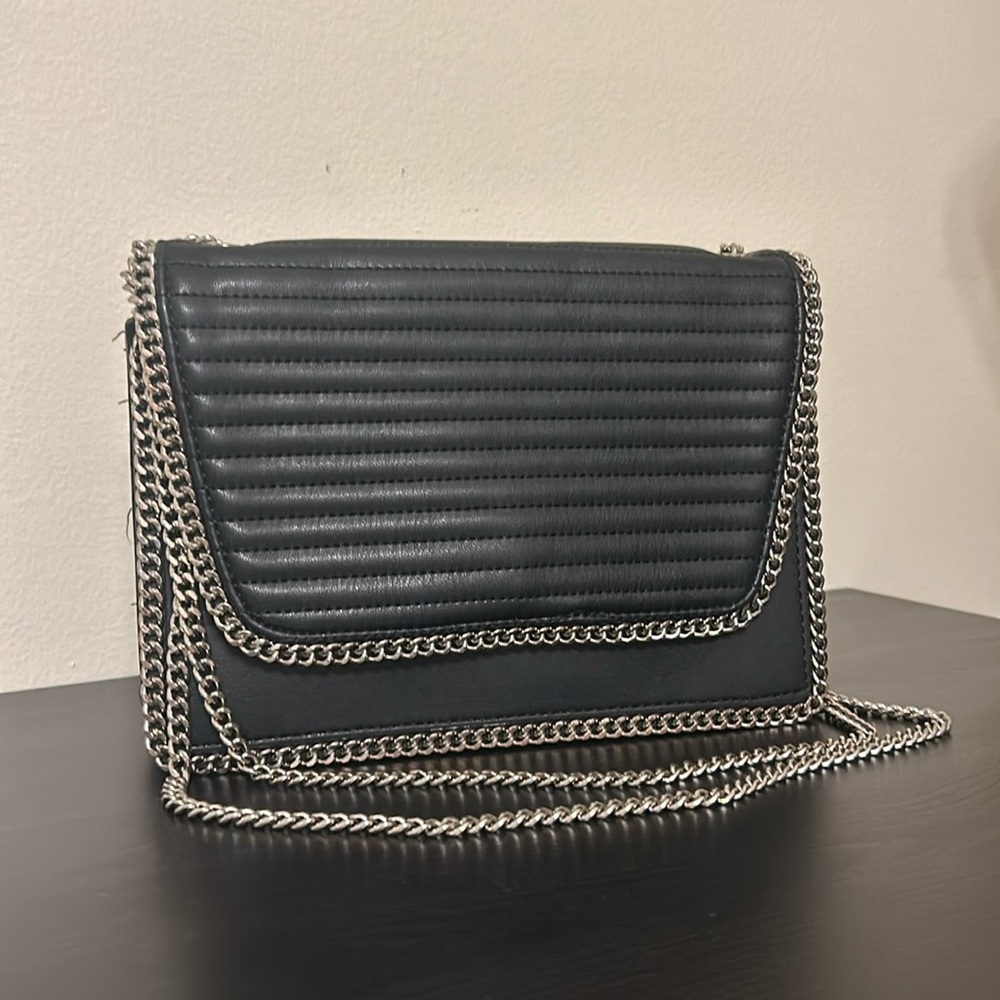 Black Leather Bag with Silver Chain